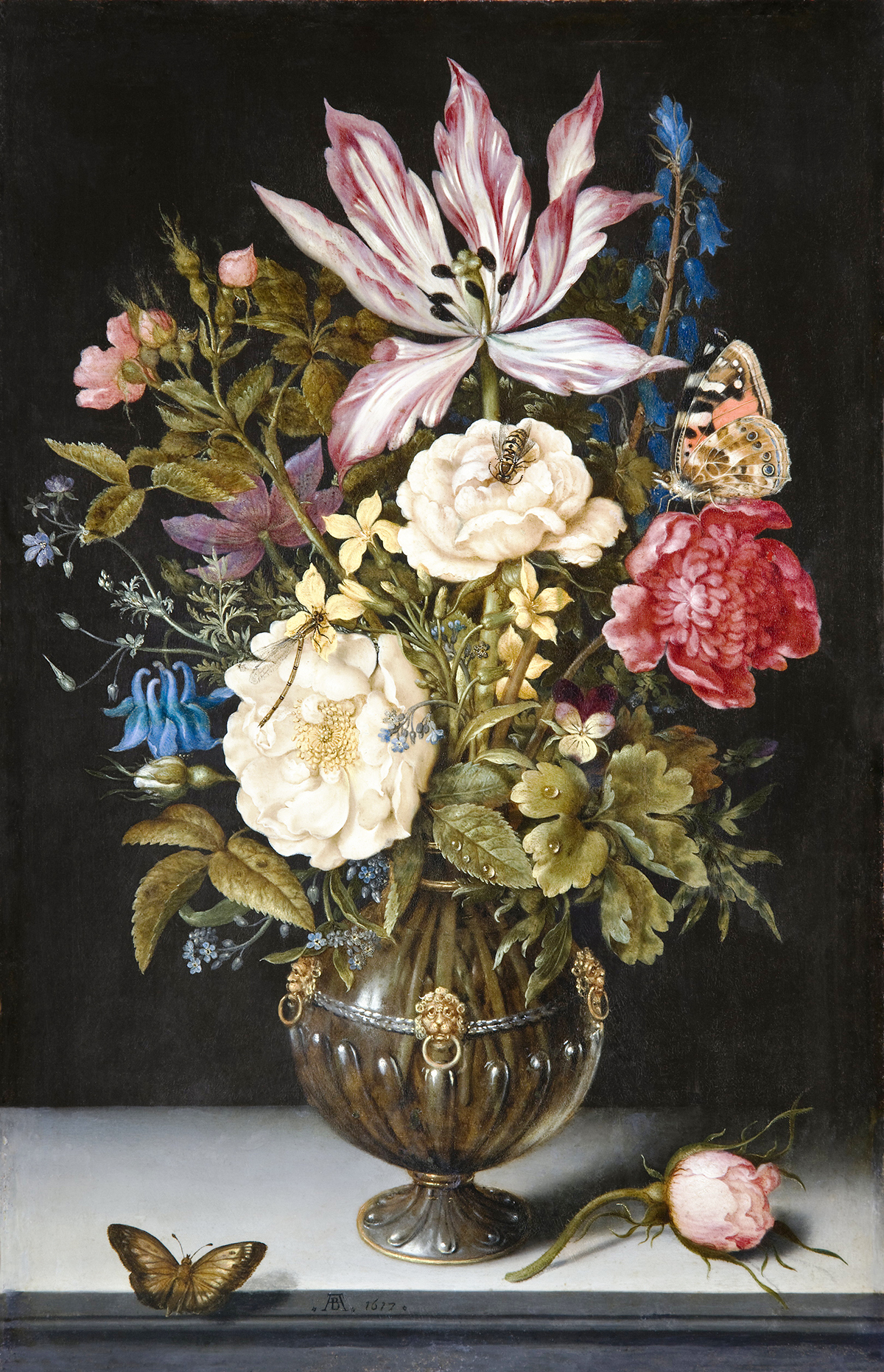 STILLEBEN. Blommor i urna målade av den nederländske konstnären Ambrosíus Bosschaert (1573-1621). På bordskanten syns konstnärens signatur A B och årtalet 1617. Det finns ett femtiotal kända och bevarade verk av honom, de flesta är blomster- eller fruktstilleben. Han var representant för det tidiga blomstermåleriet då buketterna avbildades symmetriskt, innehållande en mängt olika blommor från olika säsonger; inte sällan mycket sällsynta eller värdefulla.
