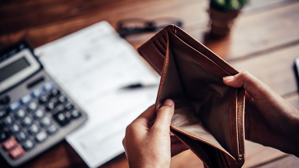 Empty money in wallet, concept money deficit, money is not enough , Unemployment, poverty